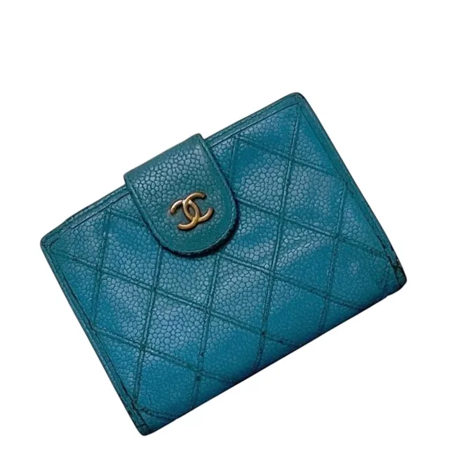 Chanel Kiss Lock Bifold Wallet Blue Quilted CC Logo Caviar Leather Vintage in Blue Caviar leather from The Reluxe