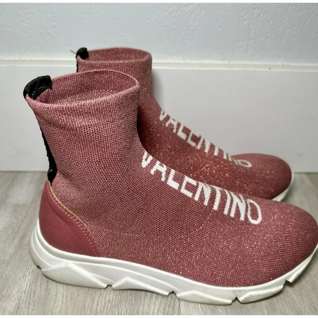 Valentino Garavani Sock Sneakers Women Size 7 Pink Glitter Logo Knit Made In Italy in pink Leather from Poshmark