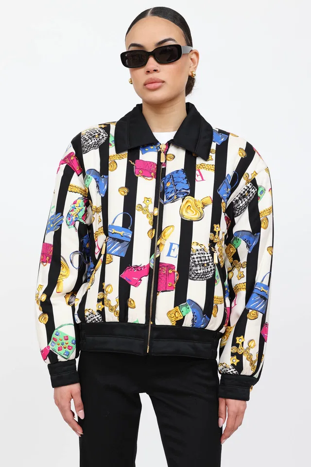 Escada C. 1990's Silk Printed Bomber Jacket in Multicolor Silk from VSP Consignment
