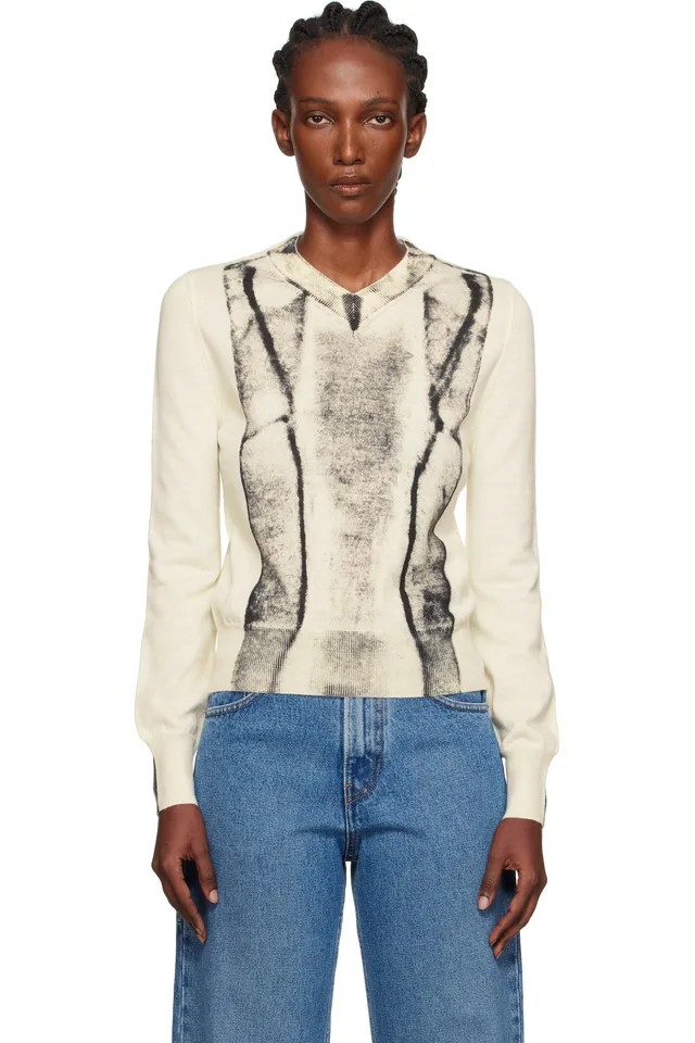 MM6 Maison Margiela Off-White Folded Printed Gauge 14 V-neck Sweater from SSENSE, photo 1 of 1