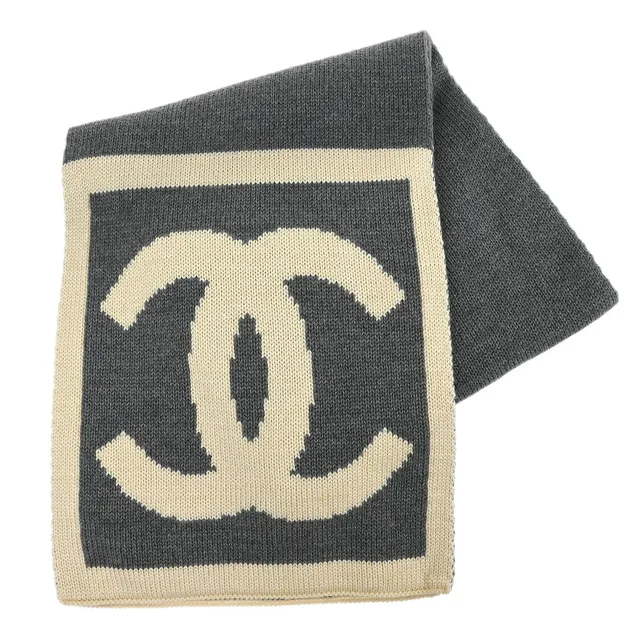 Chanel Sport Line Scarf Shawl Muffler White Gray Small Good in White Silk from AMORE Vintage Tokyo