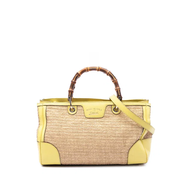 Beige Gucci Medium Raffia Bamboo Shopper Satchel in Beige Raffia from Designer Revival
