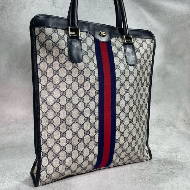 Gucci GG Sherry Line Tote Bag Navy Beige Leather in Beige Leather from The Reluxe