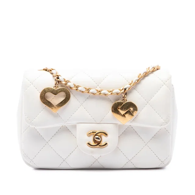 White Chanel Mini Rectangular Quilted Lambskin Heart Charms Flap Crossbody Bag in White Lambskin from Designer Revival