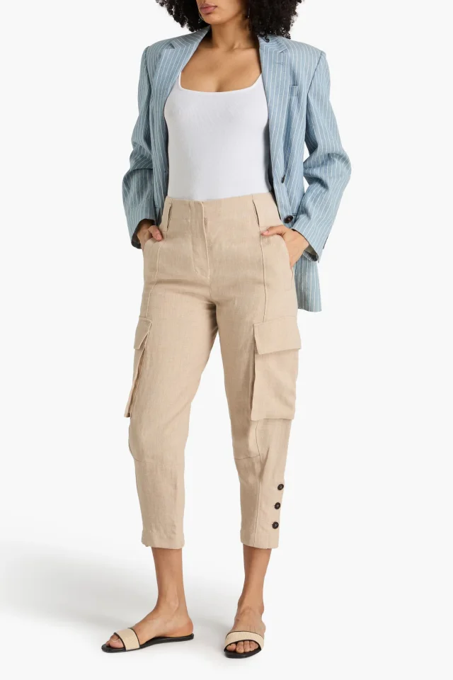 Brunello Cucinelli Cropped Linen Tapered Cargo Pants in Beige, photo 2 of 4 from THE OUTNET