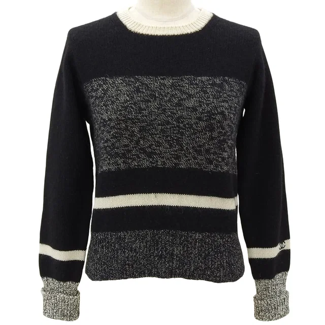 Chanel 1996 Cashmere CC Mark Stitch Knit Top #40 Black/Gray in Black Cashmere from VINTAGE QOO TOKYO