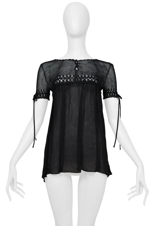 Dolce & Gabbana Black Crochet Yoke Top With Silk Body & Ribbons in Black Silk from Resurrection Vintage