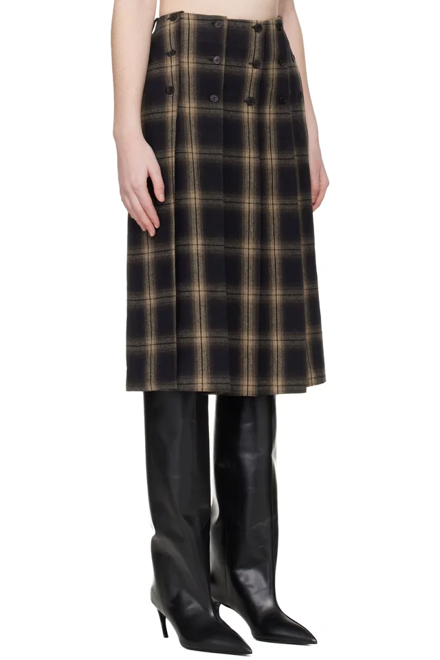 The Attico Brown Brushed Check Midi Skirt, photo 2 of 4 from SSENSE