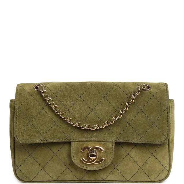 Chanel Mini "Souplissimo" Flap Bag Khaki Suede Gold Hardware in Green Suede from Madison Avenue Couture