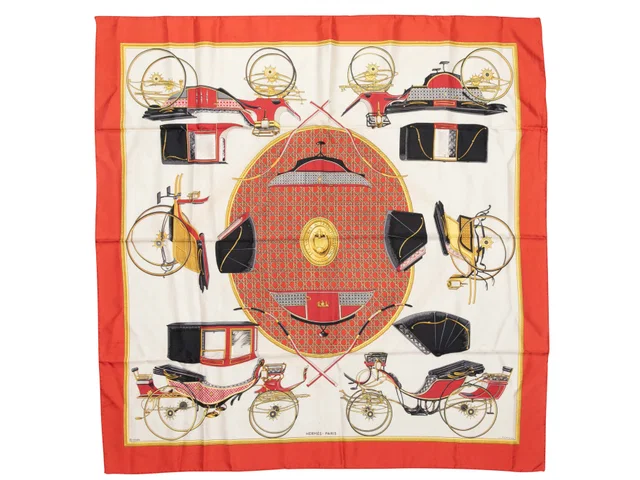 Red & Multicolor Hermes Les Voitures a Transformation Motif Printed Silk Scarf in Red Silk from Designer Revival
