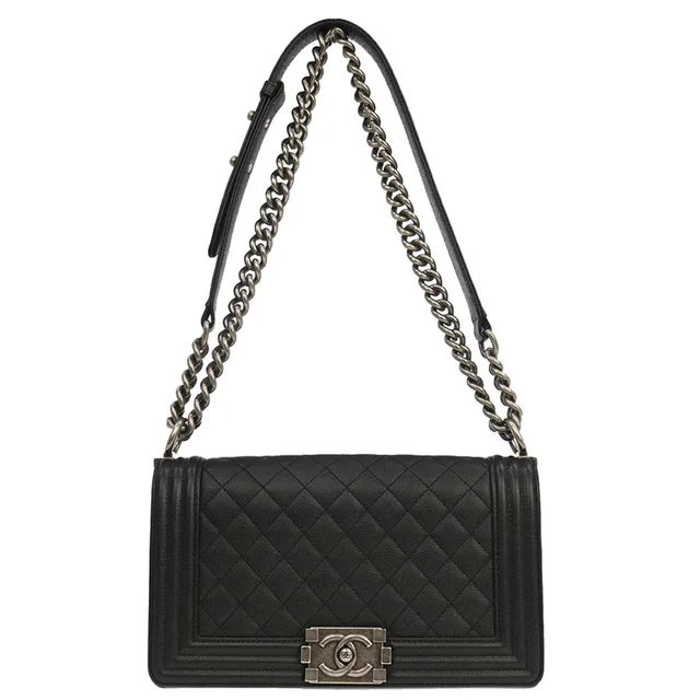 Boy Chanel 2019 Black Caviar Skin Medium Chain Shoulder Bag in Black Caviar leather from AMORE Vintage Tokyo