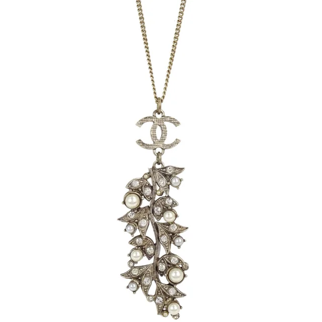 Chanel Rhinestone Costume Pearl Gold Leaf CC Pendant Necklace 05A in Gold from AMORE Vintage Tokyo