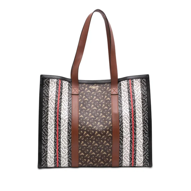 Brown Burberry TB Monogram E Canvas Stripe Book Tote in Brown Canvas from Designer Revival
