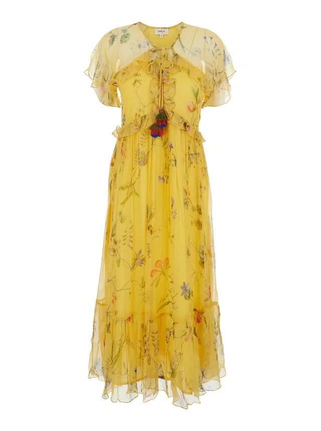DERHY 'Madrugada' Yellow Long Dress with All-Over Floral Motif and Fringes on the Front in Viscose for Women in Yellow 100% Viscose, photo 2 of 6 from Gaudenzi Boutique