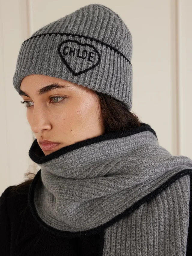 CHLOÉ Coeur embroidered ribbed wool and cashmere-blend beanie in Grey, photo 2 of 2 from NET-A-PORTER (Canada)
