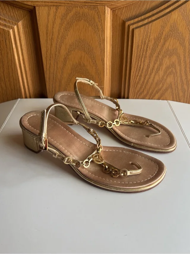 Valentino Garavani Gold Metallic Leather Chain Logo T-Strap Sandals Eu 36 in neutral|gold|brown Leather from Poshmark