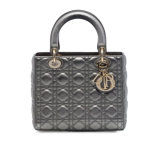Grey Dior Medium Metallic Lambskin Cannage Lady Dior Satchel in Grey Lambskin from Designer Revival
