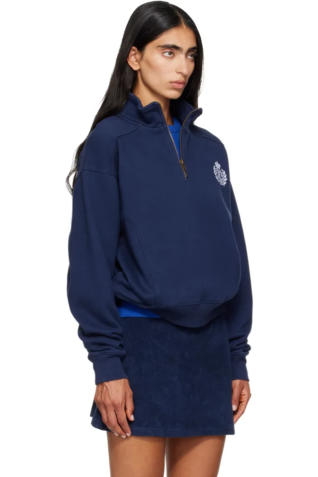 Sporty & Rich Navy NY Crest Embroidered Quarter Zip Sweatshirt, photo 2 of 4 from SSENSE