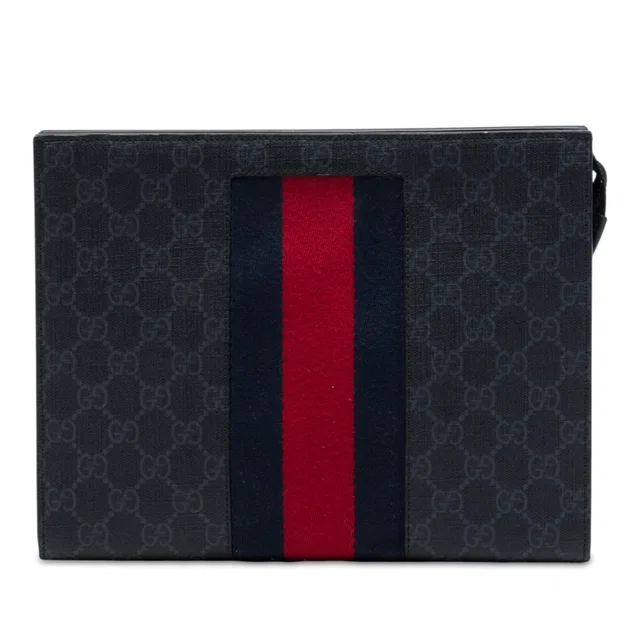 Black Gucci GG Supreme Web Clutch in Black Coated canvas from Designer Revival