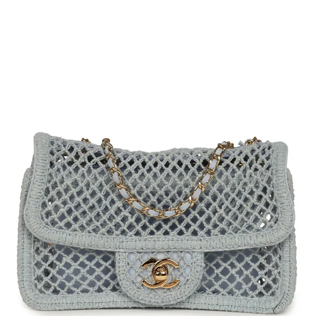 Chanel Small Coco Beach Macrame Flap Bag Light Blue Mesh Gold Hardware in Blue Leather from Madison Avenue Couture