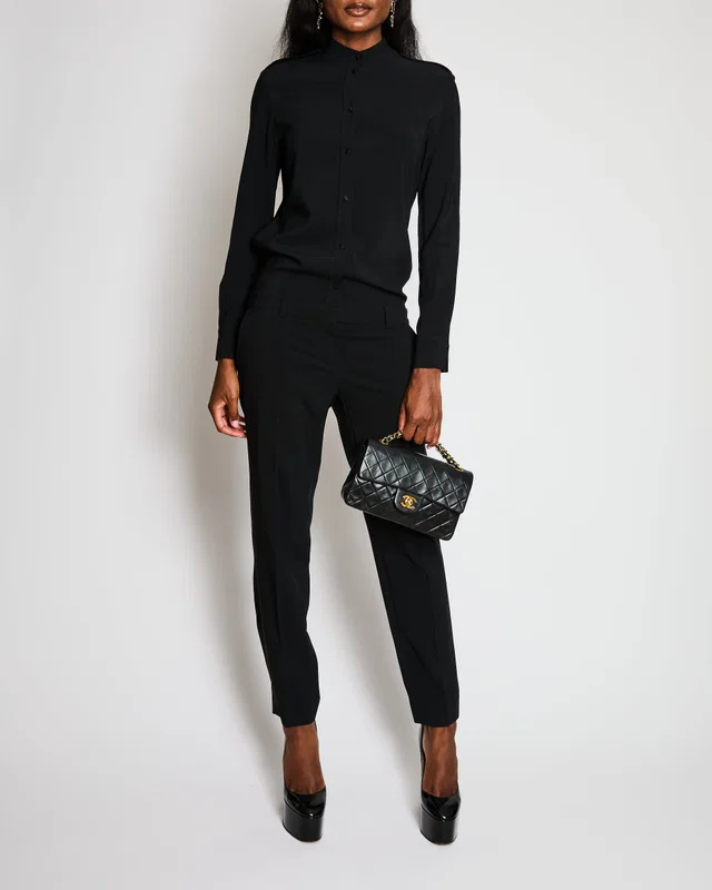 Celine Black Long Sleeve Jumpsuit with Button Details and Shoulder Epaulettes Size FR 38 (UK 10) in Black from Sellier