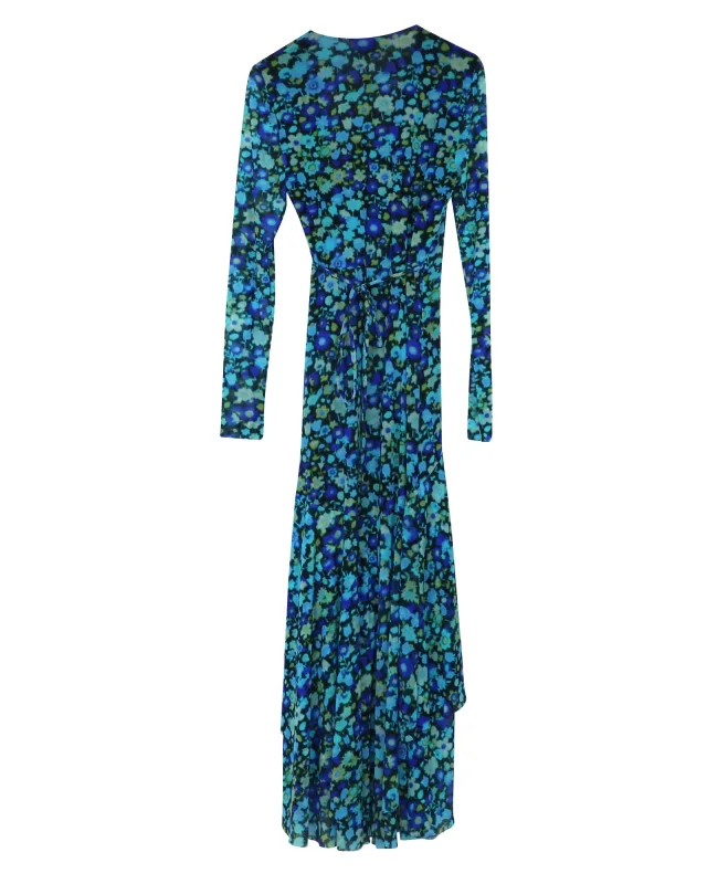 GANNI Floral Print Mesh Wrap Dress in Blue Polyamide in Blue, photo 3 of 6 from ShopSimon