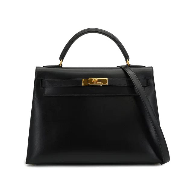 Hermès Kelly 32 Sellier Black Box Calf Hand Shoulder Bag 1998 Square B Gold Hardware in Black Box leather from Luxury Promise