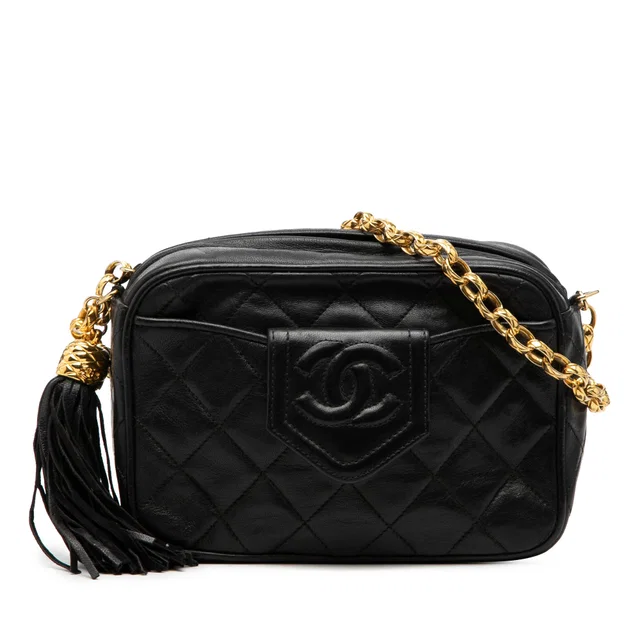 Black Chanel CC Quilted Lambskin Tassel Camera Bag in Black Lambskin from Designer Revival