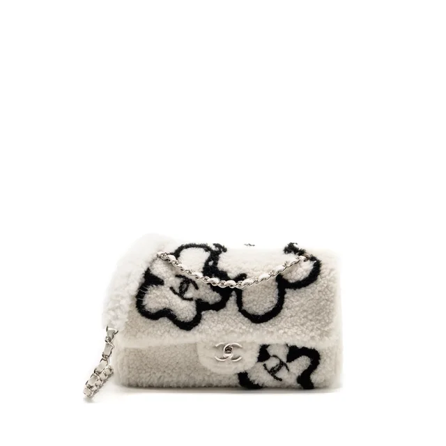Chanel 22A Fluffy camellia flap bag shearling white SHW (microchip) in White from EMIER