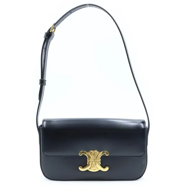 Celine Triomphe Shoulder Bag Black Shiny Calfskin Gold in Black Calfskin from The Reluxe