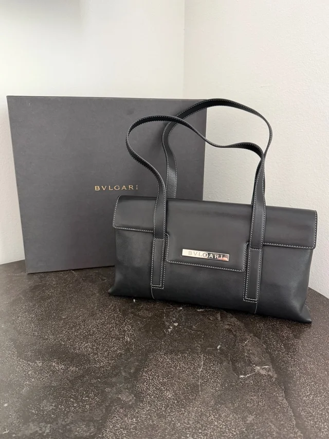 Bvlgari Vintage Black Leather Shoulder Tote With Logo Plate Full Set - Pre-Loved in black Leather from Poshmark