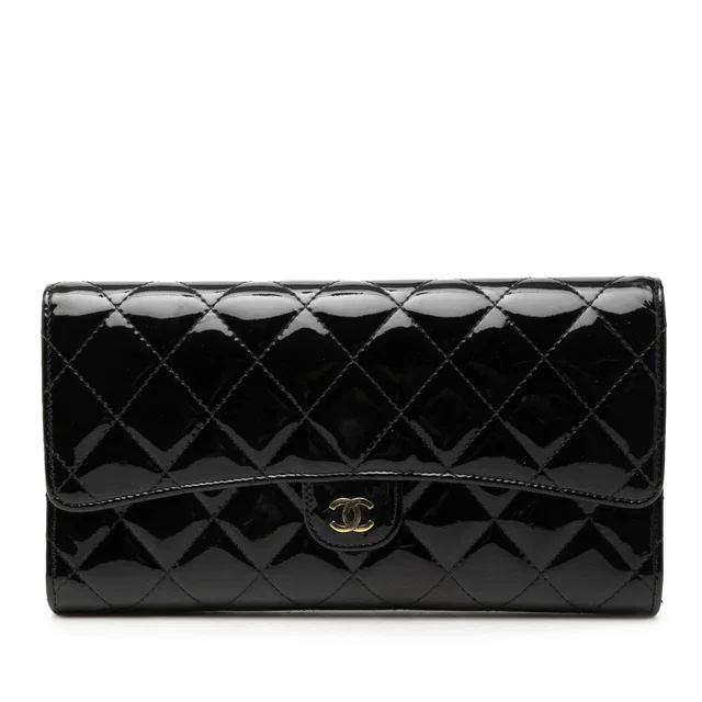 Black Chanel CC Quilted Patent Classic Flap Long Wallet in Black Patent leather from Designer Revival