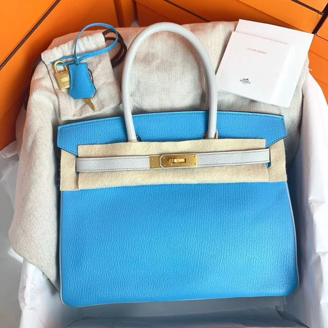 Hermès Birkin 30 HSS Blue du Nord / Gris Perle Chevre Brushed GHW #T in Blue Goatskin from Luxury Promise