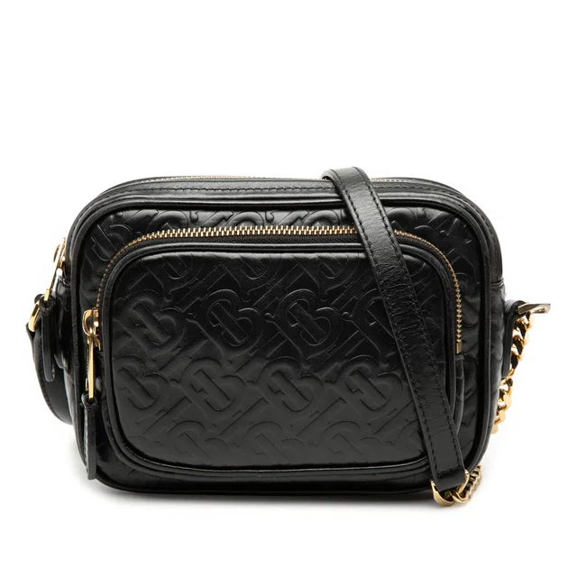 Black Burberry Embossed Calfskin TB Monogram Camera Chain Crossbody in Black Calfskin from Designer Revival