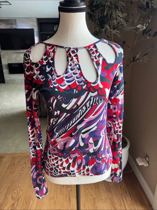 Christian Lacroix Multicolor Long-Sleeve Cutout Neck Top (Red, Purple, Black) in purple|red from Poshmark