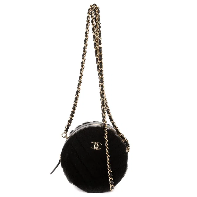 Chanel CC Shearling Chevron Round Crossbody Black Canvasa in Black Canvas from The Reluxe