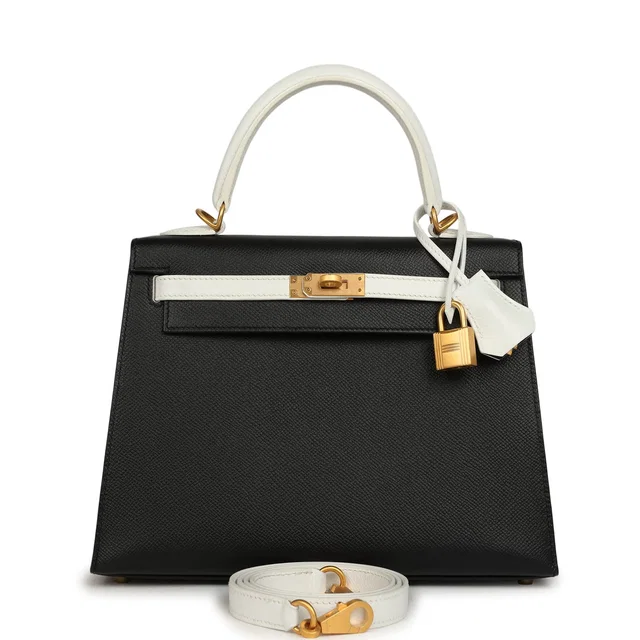 Hermès Special Order (HSS) Kelly Sellier 25 Black, White Epsom Brushed Gold Hardware in Black Epsom leather from Madison Avenue Couture