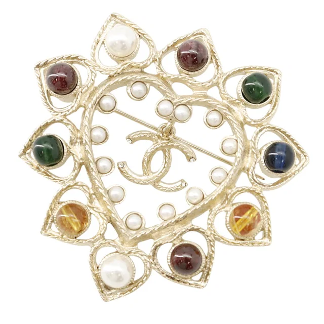 Chanel CC Logo Color Stone Brooch Champagne Gold Plated Rhinestone Faux Pearl Color Stone in Gold from GALLERY RARE