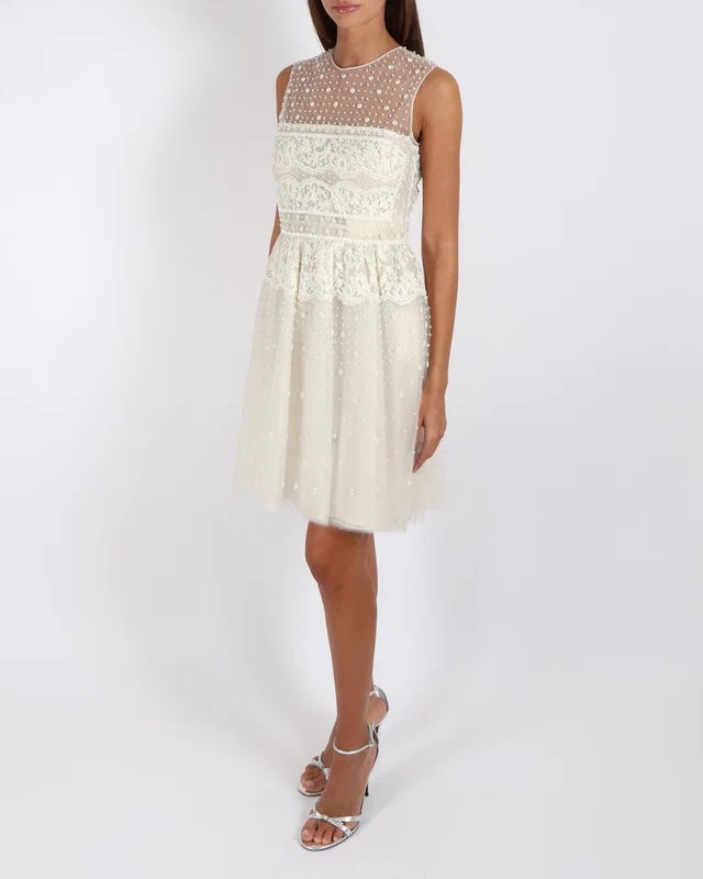 Valentino Garavani Spring 2012 Couture White Tulle Sleeveless Mini Dress with White Bead Embellishments and Lace… in White from Sellier