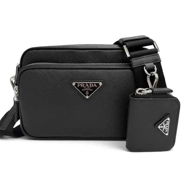 Prada Saffiano Leather Triangle Logo Shoulder Bag Black in Black Saffiano leather from The Reluxe