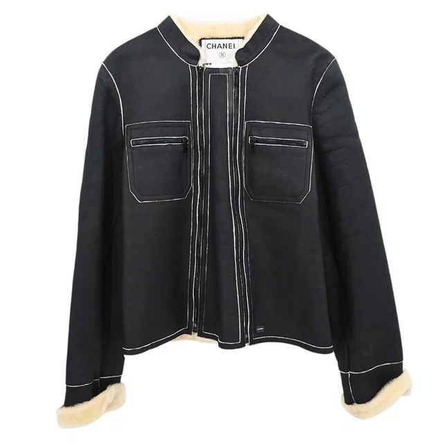 Chanel 2004 Zip Up Jacket Black #38 in Black Lambskin from AMORE Vintage Tokyo