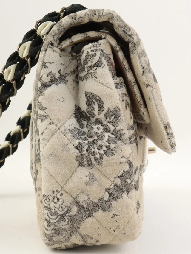 Chanel Circa 2009 Velour Flower Pattern Classic Flap Chain Bag 25cm in Velvet from VINTAGE QOO TOKYO, photo 3 of 20