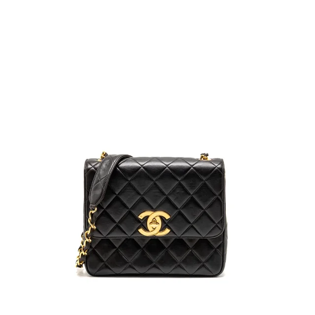 Chanel Vintage Large Square Flap Bag Lambskin Black GHW in Black Lambskin from EMIER