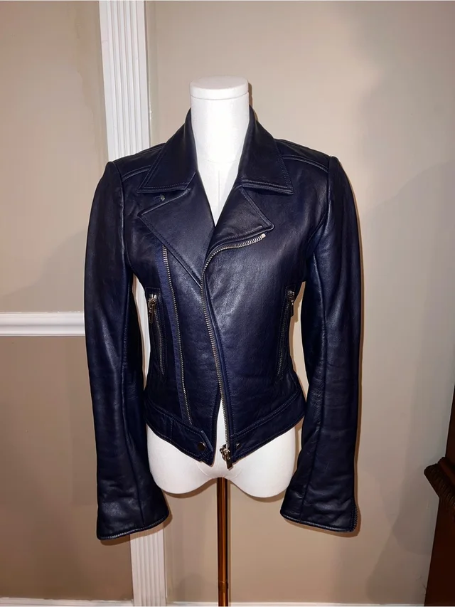 Balenciaga Navy Leather Moto Jacket in blue Leather from Poshmark
