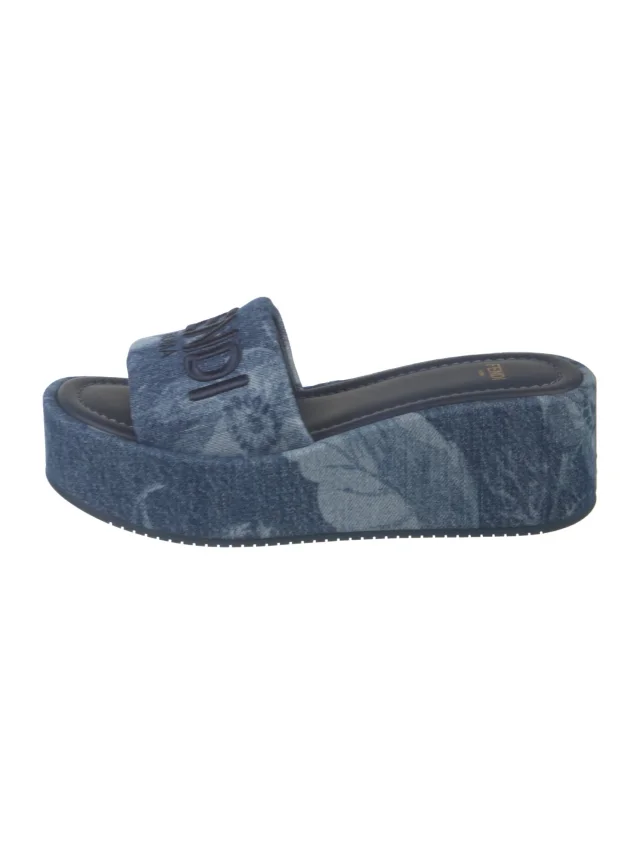 Fendi Denim Floral Print Slides in blue Denim from The RealReal