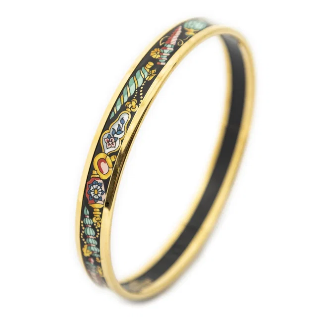 Hermès Enamel Bangle Black Green Jewels Motif Bracelet in Black from The Reluxe