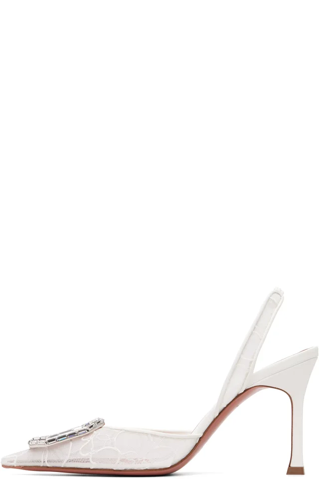 Amina Muaddi White Camelia Lace Sling 90 Heels, photo 3 of 4 from SSENSE
