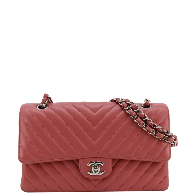 Chanel Classic Double Flap Medium Chevron Leather Shoulder Bag Peach in Leather from Dallas Designer Handbags