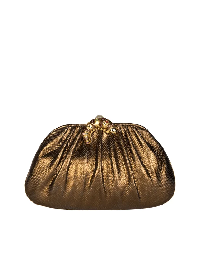 Judith Leiber Vintage Embellished Caterpillar Metallic Bronze Karung Skin Convertible Clutch Bag in Satin from Amarcord Vintage Fashion