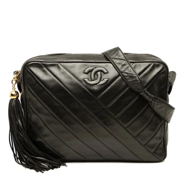 Black Chanel CC Chevron Lambskin Tassel Crossbody in Black Lambskin from Designer Revival